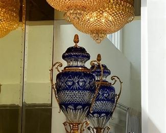 A pair of these magnificent ormolu mounted Bohemian glass urns