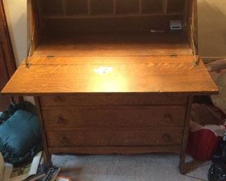 Vintage Solid Maple Slant Front Chippendale Style Drop Front Secretary Desk