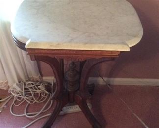 Antique Eastlake Carved Walnut Marble Top Table