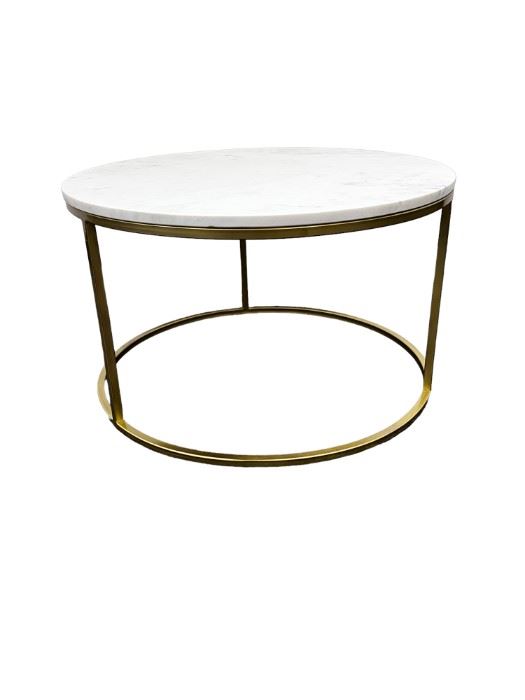 $170  Gold Base Small Round Coffee Table w Marble Top MTF153-12                                                          
Description:  This coffee table is uniquely charming and a great addition to your living room, lounge room, office, den, or bedroom sitting area. With polished gold stainless steel frames and non-marking foot caps.  A small footprint great for multi use spaces.
Dimensions:  26 diam x 16H in
Condition: New in excellent condition.
Location: Local pick up Portland, OR.  Shipper suggestions available upon request.  Item is in a warehouse with easy bay door access.