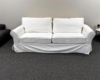 $600  Pottery Barn 92" Sofa w/Slipcovers Cream Cotton Canvas MTF153-5                                    
Description:  Sink into this collection once, and you’ll know how it got its name. Designed with a deep seat with a tailored but casual aesthetic fit for any room of the house.  Slip covers are removeable.  This in a continued PB style and many cover options in fabrics and colors are available through PB.  Love options! 
Dimensions: 92" w x 40.5" d x 37" h
INSIDE SEATING: 73" w x 26" d x 20" h
ARMS: 9" w x 40.5" d x 25" h
LEGS: 5" sq, 3.5" h
SEAT HEIGHT: 20"
32.5"
WEIGHT: 205 lbs
Condition: Used. The sofa is in like new fabulous condition.   Covers show some minor discoloration with one grey spot on the back.  See photo's for more detail.
Location: Local pick up Portland, OR.  Shipper suggestions available upon request.  Item is in a warehouse with easy bay door access.