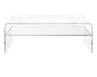 $725 Clear Home Acrylic Waterfall Rectangular Bench w Storage Shelf MTF153-3                   
Description:  Clear Waterfall Rectangular Bench with Storage Shelf is made with 3/4" thick acrylic and "waterfall" rounded corners, making it soft yet modern. This is a minimal, contemporary Lucite bench with a thick storage shelf built in. In furniture quality clear acrylic, this retro style bench is perfect for chic mudrooms, hallways and foyers. Clear 3/4" thick acrylic.  Fixed shelf
Dimensions: 54"w x 24"d x 18"h
Condition: New with only 2 pinpoint marks due to shipping  See photo's for more detail.
Location: Local pick up Portland, OR.  Shipper suggestions available upon request.  Item is in a warehouse with easy bay door access.