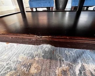 $250   Michael Weiss Leather Top Brown Ottoman Coffee Table Bench LP162-3                               
Description:  A large scale, good looking and useful size brown tufted leather ottoman with brass nail head trim on the skirt. Raised on brown tapered column legs on brass casters. 

Dimensions: 59 x 26 x 18 in

Condition: Please see all detail photos. There is some wear at the connection of the legs to the lower shelf of the Ottoman and expected wear in an even patina overall, slight scrapes to the legs with one area that has had puppy damage.

Location: Local pick up Portland, OR 97068.  Shipper suggestions available upon request.