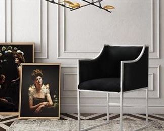 $200 USD      Atara Back Velvet Chair w/Silver Frame (10 available) BL137-01     Description: Perfect from all angles.  Elegant and modern chair with arm, in black velvet upholstered seat and brushed silver steel frame. Can be used as dining chair, office chair, lounge chair or accent chair.  PRICED INDIVIDUALLY

Dimensions: 22"W x 21.5"D x 34.3"H
Product Weight : 37
Seat Width : 18.7
Seat Depth : 18
Seat Height : 20
Arm Height : 28.2

Condition: New in box 

Location: Local pick up Vancouver, WA.   Shipper suggestions available upon request.     https://goodbyhello.com/products/atara-back-velvet-chair-w-silver-frame-10-available-bl137-01?_pos=2&_sid=441a43d5a&_ss=r