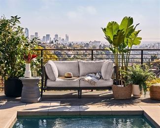 $4500 USD      OUTER 4 pc. Charcoal Aluminum Outdoor Sofa w/Armless Chairs MTF153-1     Description: Enjoy indoor comfort outside. Sleek, lightweight, and durably designed with weatherproof aluminum, Outer’s modular furniture invites you to relax on luxuriously comfortable memory foam cushions. The built-in, easy to use OuterShell® cover protects the Sandstone Grey cushions when not in use, and features Velcro to secure it in place and a handle for convenient transport and storage. Includes 2 corner chairs and 2 armless chairs that reconfigure easily. No assembly required.

Made in the USA.
Dimensions: Chairs: 28.9" W x 34.6" D x 29.3" H

Other Dimensions:

Back Height: 16” H
Leg Height: 9.2" H
Seat Depth: 29” D
Seat Height: 16” H
Each chair frame weighs between 18 and 25 lbs. The cushions add approximately 10 to 15 lbs.

Condition: Used in very good condition. Chairs have very minor signs of use. See photos for more detail.

Location: Local pick up main floor warehouse storage.  Portl