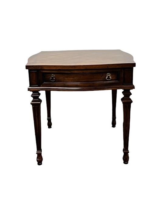 $150 USD      Vintage Drexel Heritage Side Table Nightstand MTF153-20      Drexel heritage side table. Beautiful book matched mahogany veneer top done in brown tone. One drawer with 2 brass pulls, fluted and turned legs. Great as a nightstand or side table. 

23.5 x 27 x 22H in

Used in Excellent condition.

Local pick up Portland, OR.      https://goodbyhello.com/products/copy-of-modern-light-grey-buffet-media-center-sideboard-mtf153-18?_pos=3&_sid=edd313f54&_ss=r
