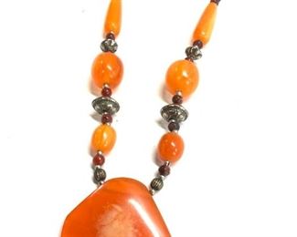 Chunky Orange Resin Bead Pendant Necklace
