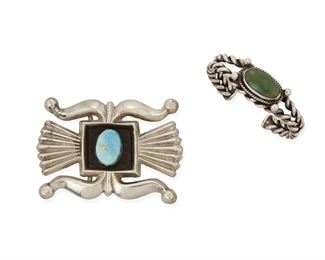 7
Early/mid-20th century
Two Southwest Jewelry Items
Appear unmarked
Comprising a sandcast silver belt buckle with central turquoise in a handmade bezel setting (2.375" H x 3.125" W) and a substantial twisted wire and set turquoise cuff bracelet (6" total inner C x 0.625" H, with a 0.875" gap), 2 pieces
126.9 grams gross
Estimate: $500 - $700