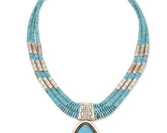 8
Late 20th/21st century
An Aguilar Santo Domingo Pueblo Necklace
A Pueblo turquoise necklace
Stamped: TA [conjoined] [for Wayne Aguilar (b. 1966; Kewa) or Anthony Aguilar 1919-2002; Kewa)
Comprising a triple strand of graduating turquoise beads with a large central drop pendant and stamped silver accents
26.5" L x 3.375" H
Estimate: $800 - $1,200