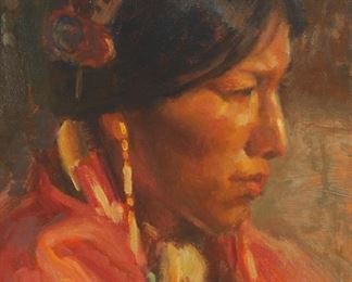 11
Julian Robles
1933-2023
"Blackfoot Woman," 1978
Oil on canvas board
Signed lower left: Julian Robles; signed again, titled, and dated on the frame's backboard
16 "H x 12 "W
Estimate: $500 - $700