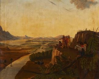 12
L.F. Wheeler
19th century
"Civilization From Johnsons Atlas," 1868
Oil on canvas
Signed and dated lower left: L. F. Wheeler; signed and dated again; titled, numbered, and inscribed verso: No. 3 / Tecumseh, Mich.
37.25" H x 31.5" W
Estimate: $2,000 - $4,000