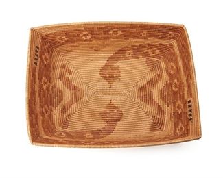 14
Late 19th/early 20th century; Southern California
A Polychrome California Mission Pictorial Basket
A coiled rectangular form bowl with rattlesnake motif banding the walls with heads meeting at the center
4" H x 12.5" W x 9.75" D
Estimate: $5,000 - $7,000