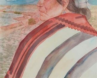 18
Wallace Begay
b. 1957, Dine
Navajo Figure Wrapped In A Third Phase Chief's Blanket Overlooking A Landscape
Watercolor on paper
Signed lower right: W. Begay ©
Sight: 21.5" H x 13" W
Estimate: $400 - $600