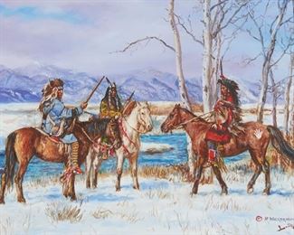 19
Hubert Wackermann
b. 1945
"Crow Hunting Party," 2022
Oil on canvas
Signed lower right: © HF. Wackermann and with the artist's device; signed again with the artist's device, and dated in pencil, verso; titled on the stretcher
18" H x 24" W
Estimate: $1,000 - $1,500