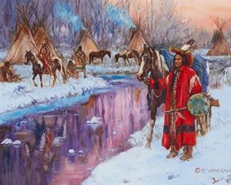 20
Hubert Wackermann
b. 1945
"Nez Perce Campguard," 2021
Oil on canvas
Signed lower right: HF Wackermann and with the artist's device; signed again with the artist's device, and dated in pencil, verso; titled on the stretcher
16" H x 20" W
Estimate: $800 - $1,200