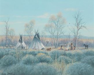 21
Gene Speck
b. 1937
"Blooming Rabbit Bush," 1988
Oil on Masonite
Signed and dated lower right: Gene Speck; signed again and titled in pencil on the frame's backing paper; titled again on a label also affixed to the frame's backing paper
9" H x 11.25" W
Estimate: $2,000 - $3,000