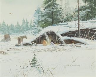 22
Thomas Decker
b. 1951
"Overnight Camp"
Oil on artist's board
Signed lower right: © Tom A. de Decker; titled on the stretcher
Sight: 6.875" H x 9.125" W
Estimate: $500 - $700