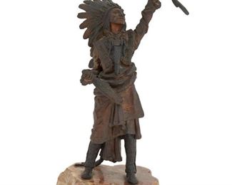 25
Carl Kauba
1865-1922
A Native American In Headdress Raising A Rifle
Patinated bronze mounted to a stone plinth
Signed and numbered in the casting: C. Kauba / 6254
10.5" H x 3.5" W x 4.5" D; with base: 13" H x 6" W x 4.5" D
Estimate: $500 - $700