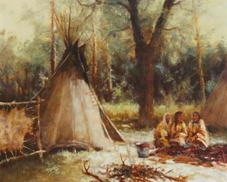 24
Bill Bender
1919-2016
"After The Hunt," 1985
Oil on Masonite
Signed and dated lower left: Bill Bender ©; signed and dated again, titled and inscribed, verso: Oro Grande-CA.
17.75" H x 21.75" W
Estimate: $700 - $900