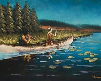 27
20th Century American School
"Indians Hunting in a Canoe"
Oil on canvas
Signed lower right: B. Einney; titled on a hand-written note affixed to the frame's backing paper
24" H x 36" W
Estimate: $400 - $600
