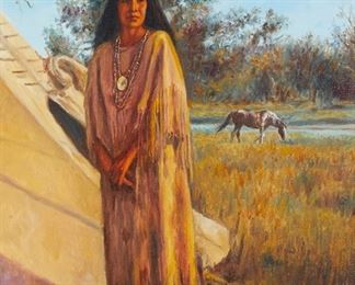 28
Hubert Wackermann
b. 1945
"Comanche Woman," 2019
Oil on canvas
Signed and with the artist's device lower right: © HF Wackermann; signed and with the artist's device and copyright again, verso; also titled and dated, verso
18" H x 14" W
Estimate: $800 - $1,200
