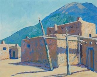 30
Edith Hynes
1885-1971
"Taos Pueblo"
Oil on canvas
Signed lower right: Edith Hynes; titled on a label affixed to the frame's backboard
23" H x 26.25" W
Estimate: $1,500 - $2,500