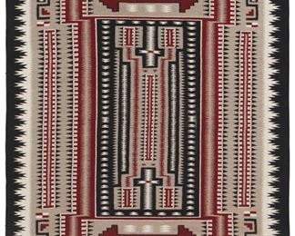 31
Mid/late 20th century; Dine
A Large Framed Navajo Teec Nos Pos Storm Pattern Rug
Woven in red, cream, black, and grey wool with a double storm pattern motif and additional pictographic elements throughout in an elaborate all-over design, professionally framed and mounted within a custom plexiglass frame
96" H x 61" W approximately
Estimate: $3,000 - $5,000