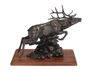 42
Gerald Shippen
b. 1955
"Quick Draw," 2014
Patinated bronze on wood plinth
Signed, dated, titled, numbered, and inscribed in the casting: Gerald Shippen © / 2014 / Gomin 3
13.5" H x 15.5" W x 7" D; with base:14.5" H x 17.5" W x 9" D
Estimate: $1,500 - $2,500