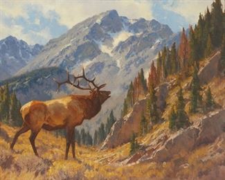 41
Charles Fritz
b. 1955
"The Ancient Autumn Song," 1998
Oil on canvas
Signed and dated lower left: C. Fritz ©; titled on the frame plaque; titled again on a tag affixed verso
36" H x 50" W
Estimate: $20,000 - $30,000