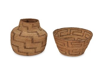 52
Early 20th century; Akimel O'odham, Southwest United States
Two Pima Baskets
Comprising a coiled bowl with hooked motifs to walls (4.875" H x 10" Dia.) and a coiled olla form basket with stepped motif (7.5" H x 8.75" Dia.), 2 pieces
Estimate: $300 - $500