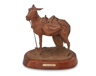 63
Keith Christie
1935-2017
"Unpacker"
Patinated bronze on wood base
With the incised signature: K. Christie; titled on a plaque on the wooden base
12" H x 6.5" W x 11.25" D; with base: 14" H x 9" W x 13" D
Estimate: $800 - $1,200