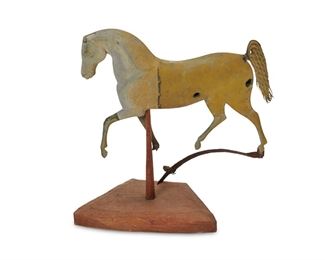 64
Mid/late 19th century; West Bridgewater, Massachusetts
A Jonathan Howard And Co. Molded Copper Weathervane
The molded copper and cast zinc horse weathervane with stylized, free-moving tail on a custom carved wood stand, 2 pieces
With stand: 26" H x 23" W x 10" D
Estimate: $2,000 - $3,000