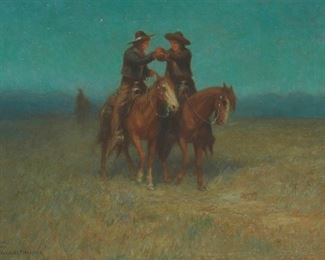 65
Alexander F. Harmer
1856-1925
Vaqueros Riding At Night
Oil on canvas
Signed and monogrammed lower left: Alexander F. Harmer
18" H x 24" W
Estimate: $3,000 - $5,000