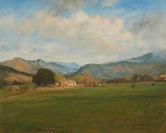 66
Alexander Francis Harmer
1856-1925
"San Marcos Ranch," 1904
Oil on waxed canvas
Signed, dated, and inscribed lower right: Alex F. Harmer / San Marcos Ranch, Santa Barbara, Cal, 1904
16" H x 20" W
Estimate: $2,500 - $3,500