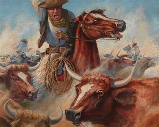 67
In The Manner Of Charles Marion Russell
1864-1926
Cowboy Roping Steer, 1911
Oil on canvas laid to waxed canvas
Signed and dated lower left: C M Russell and with the artist's device
50" H x 35.5" W
Estimate: $2,000 - $3,000