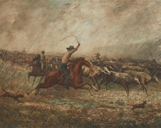 68
John Sloan
1871-1951
Cowboys Rustling Cattle Herd In The Rain, Circa 1920
Oil on canvas
Signed lower right: John Sloan
33" H x 49.75" W
Estimate: $10,000 - $15,000