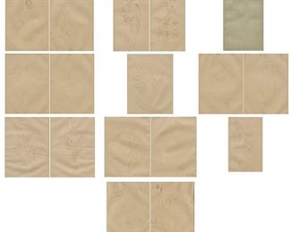 69
Attributed To Frederic Sackrider Remington ANA
1861-1909
Seventeen Field Sketches Of Various Figural Subjects
Pencil or India ink on nine sheets of cream paper and one sheet of green paper
Each: Unsigned; three images indistinctly annotated in pencil
Sight of largest: 12" H x 9" W
Estimate: $3,000 - $5,000