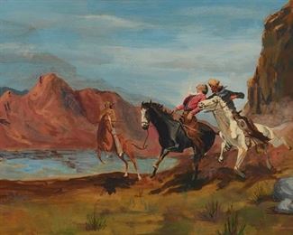 70
William Burlingame
b. 1942
Figures On Horseback In Southwest Landscape, 1964
Oil on Masonite
Signed and dated lower right: Will Burlingame
24" H x 36" H
Estimate: $1,000 - $2,000