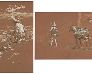 71
19th-20th Century American School
Vaquero walking with his horse
Gouache and watercolor on brown paper
Indistinctly signed at the lower left, or right, respectively, possibly: W. "Schmedtse"
Sight: 8.25" H x 12.25" W

Seated vaquero viewing ships out at sea
Gouache and watercolor on brown paper
Indistinctly signed at the lower left, or right, respectively, possibly: W. "Schmedtse"
Sight: 12.25" H x 8.25" W
2 pieces
Estimate: $300 - $500