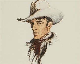 72
William H.D. Koerner
1878-1938
"Cowboy - Ed Breem"
Watercolor and mixed media on paper
Initialed lower center: K; with the W.H.D Koerner black ink stamp on the frame's backing paper
Sight: 12.25" H x 10" W
Estimate: $1,500 - $2,500