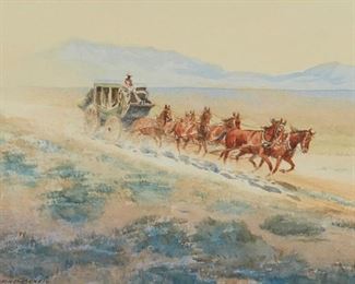 73
Edward Borein
1872-1945
"The Concord Coach"
Watercolor and gouache on paper
Signed in pen lower left: Edward Borein
Image/Sheet: 7.75" H x 11" W
Estimate: $10,000 - $15,000