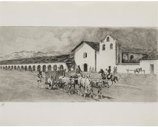 74
Edward Borein
1872-1945
"Mission Santa Ines, No.2"
Etching and drypoint on paper
Signed in pencil and with the artist's remarque in pencil in the lower margin: Edward Borein
Plate: 8" H x 17.25" W; Sheet: 13.25" H x 18.875" W
Estimate: $1,500 - $2,500