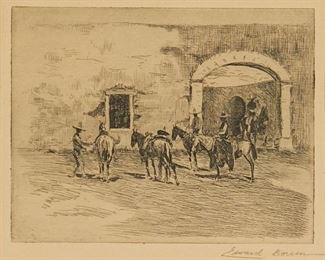 75
Edward Borein
1872-1945
"Hacienda Gate"
Etching and drypoint on paper
From the edition of unknown size, most likely printed posthumously
Signed in pencil in the lower margin, at right: Edward Borein
Plate: 4" H x 5" W; Sight: 4.625" H x 5.5" W
Estimate: $400 - $600