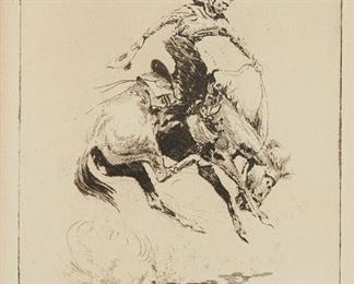 76
Edward Borein
1872-1945
"Setting Pretty, No. 1"
Etching and drypoint on paper
From the edition of unknown size
Signed in pencil lower right margin: Edward Borein
Plate: 7" H x 5" W; Sheet: 10" H x 6.75" W
Estimate: $1,000 - $1,500