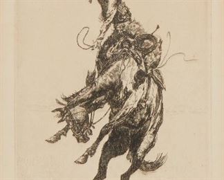 77
Edward Borein
1872-1945
"Scratchin' High"
Etching and drypoint on paper
Signed in pencil in the lower margin, at right: Edward Borein
Plate: 8" H x 4.75" W; Sight: 8.5" H x 5.5" W
Estimate: $800 - $1,200