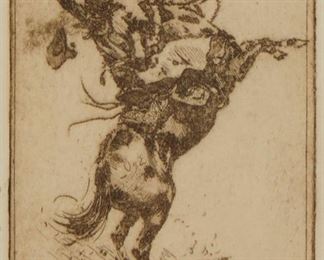 78
Edward Borein
1872-1945
"Merry Xmas Happy New Year 1922"
Etching in brownish-black on paper
From the edition of unknown size, presumably printed circa 1922
With the title and "The Boreins" printed in the plate
Plate: 5.5" H x 3.75" W
Estimate: $500 - $700