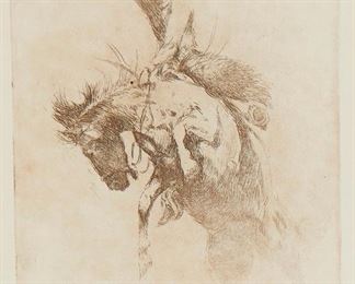 80
Edward Borein
1872-1945
"Sunfishing"
Etching and drypoint in brown on paper
From the edition of unknown size and date, most likely printed posthumously
Appears unsigned
Plate: 5" H x 4" W; 5.5" H x 4.5" W
Estimate: $400 - $600