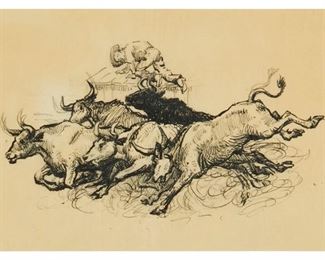 81
Attributed To A.P Proctor
1862-1950
Stampeding Cattle
Ink on thin paper
Appears unsigned
Sight: 7.25" H x 11" W
Estimate: $500 - $700