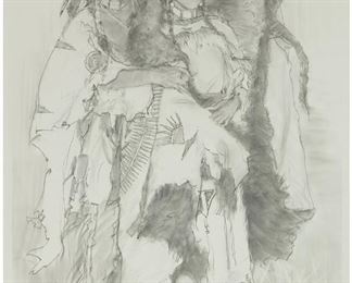 84
Ron Riddick
b. 1952
"Gifting The Buffalo Robe," 2006
Graphite on paper laid to mat board, as issued
Signed in pencil lower right: R.S. Riddick CA; signed again, titled, and dated, verso; titled again in pencil on the mat board lower left
Image/Sheet: 24.75" H x 18.75" W
Estimate: $1,800 - $2,200