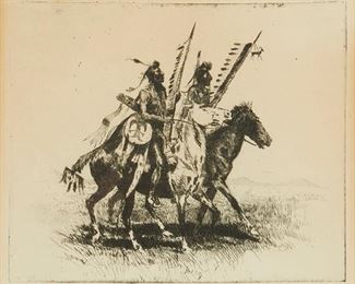 83
Edward Borein
1872-1945
"Going To The Dance, No. 2,"
Etching and drypoint on paper
Unsigned, with the lifetime edition inkstamp signed by Lucile Borein affixed to the backboard of the frame
Plate: 5.875" H x 7" W
Estimate: $700 - $900